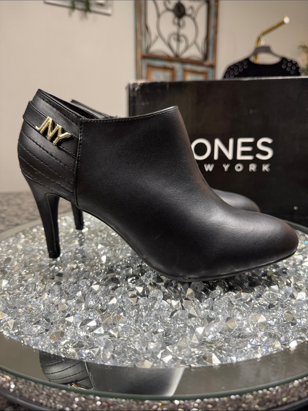Jones New York Black Ankle Heeled Booties with Gold NY Accent NEW 9